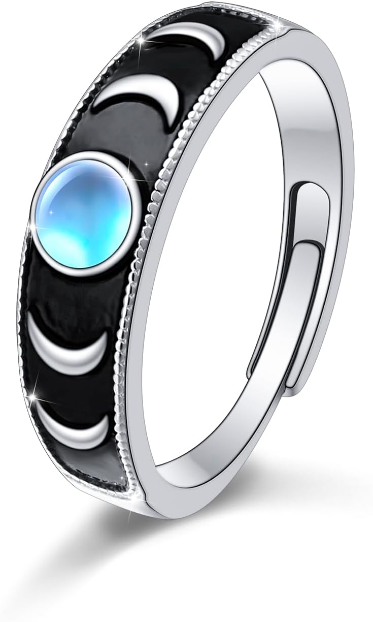 Moon Phase Ring Sterling Silver S925 Crescent Moon Ring for Women/Men Vintage Jewelry Gifts for Mothet's Day Thanksgiving Day Memorial Day Valentine's Day Birthday (Adjustable size)