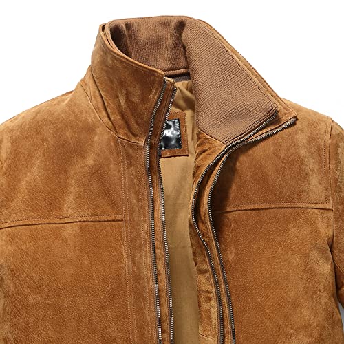 FLAVOR Men's Classic Leather Jacket Suede Winter Coat with Removable Collar (Medium, Brown)