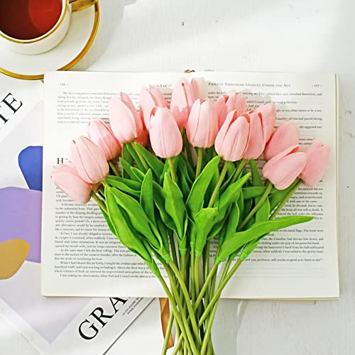 Image of ONLY ART Artificial Light Pink Tulips 20 Pcs - 13.5 Inch PU Faux Flowers with Bendable Stems for Home Decor, Wedding Centerpieces, DIY Floral Arrangements, New Year and Valentine's Day