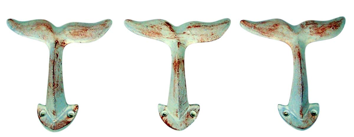 Distressed White Whale Tail Cast Iron Wall Hooks, Wall Mounted for Hanging Coats, Purses, Towels, Hats, Beach Themed Wall Décor, Set of 3, 4.75 Inches High