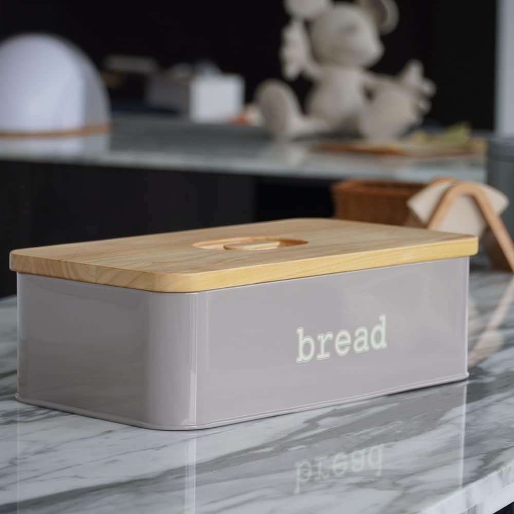 Großer Brotkasten Aus Metall Für Die Arbeitsplatte Rectgular Brotkasten Aufbewahrungsbox Mit Eichen-schneidebrettdeckel, Black, Grey