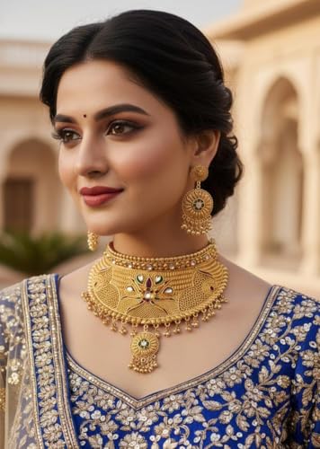 Image of Rajpooti Rajwadi Gold Plated Choker Necklace Set for Women with Matching Earrings | Traditional Bridal Wedding Jewelry | Ethnic Rajasthani Statement Necklace | Adjustable Dori Closure
