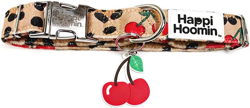 Stylish Dog Collar Leash Set 3-Piece – Adjustable Velvet Dog Collar with Metal Buckle & Poop Bag Holder for Medium & Large Dogs, Cute Fashion Pet Set (Cheetah & Cherries)