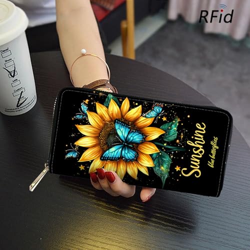 Image of RFID Blocking Leather Wallet for Women - Large Capacity Zip Around Clutch with 8 Card Slots,43 Cash Pockets & Coin Zipper,Blue Butterfly and Sunflower