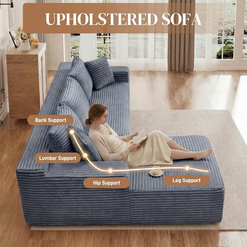 Image of 95 inch L Shaped Cloud Boneless Sectional Couches for Living Room, Modern Comfy Modular Deep Seat Memory Foam Compressed Corduroy Sofa Oversized Left Facing Chaise, No Assembly Required, Grey