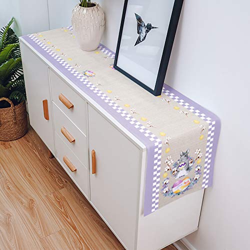 PIEPLE Table Runner-Cotton Linen- Long 70 Inch Holiday Dresser Scarves, Easter Egg Cartoon Spring Rabbit Plaid Tablerunner for Kitchen Coffee/Dining Bedroom Home Living Room Dinner Scarf Décor