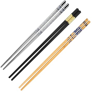 3 Pairs Wooden & Stainless Steel & Plastic Gold Black Chopsticks - Reusable Chop Sticks for Noodles Sushi Hotpot Square Grip to Hold Food Perfectly Lightweight Korean Chinese