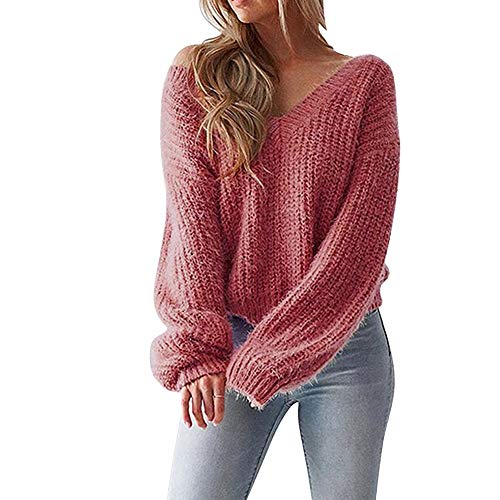 Preisvergleich Produktbild OSYARD Damen Sweater,Strickpullover,Pullover, Sexy Frauen Strickcardigan V-Ausschnitt Gestrickte Tops Bluse Pulli Oberseiten Lose Langarm Strickpulli Strickwaren Cardigan(M, Pink)