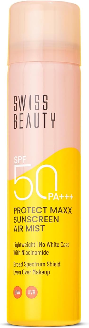 Protect Maxx Sunscreen Air Mist | SPF 50 PA+++ | With Niacinamide | UVA+UVB Protection For All Skin Type | Even Over Makeup | For Face & Body | 80ml