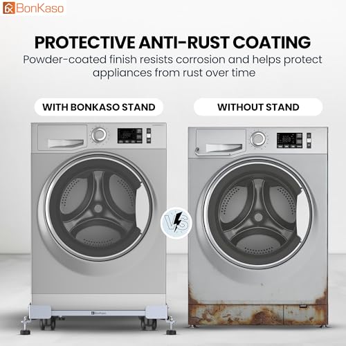 Image of BonKaso Adjustable Heavy Duty Appliance Stand with Wheels & Anti-Slip Pads | Steel Frame Trolley for Washing Machine, Refrigerator & Dishwasher | Load Capacity 200 Kg (50x43x12.5 cm) Grey