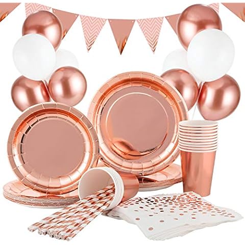 Hotelvs 145 Pcs Party Decorations Tableware, Rose Gold Party Supplies Plates Cups Straws Napkins Cutlery for Birthday Wedding Dinnerware(16 Guests) Cover