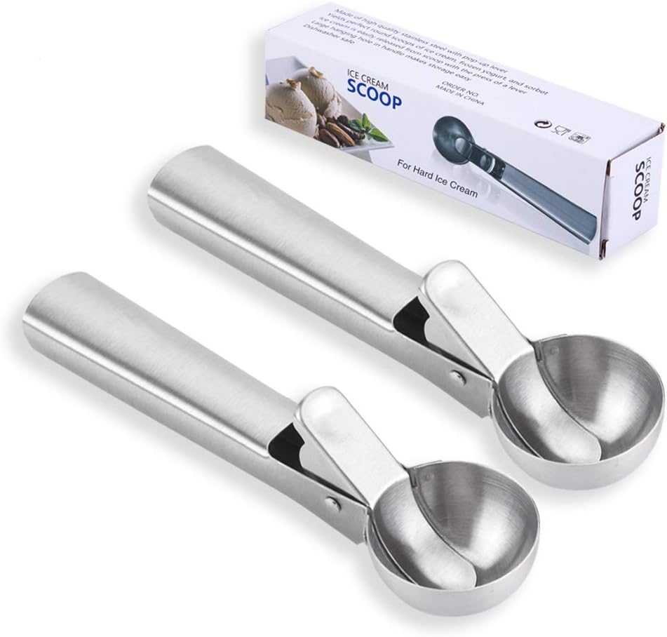 Latauar Stainless Steel Ice Cream Scoop - Cookie Scoop with Easy Trigger, Dipper for Fruits, Cookie Dough and Water Melon Spoon - 2 Pack