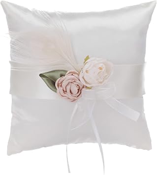 BFYDOAA Ivory Satin Ring Bearer Pillow 7inch Wedding Ring Pillow Ribbon and Organza Flowers Decorated,for Engagement, Proposal, Wedding Banquet