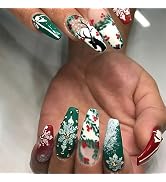 Mkwntg Christmas Press on Nails Long Ballerina Fake Nails with Snowflake Designs Matte Xmas Red G...