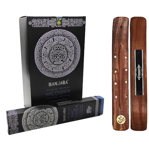 Aromasenses.- Incienso Sahumerio Banjara Nag Champa 15 grs | Caja Completa con 12 Cajetillas de 15 Gramos Cada una + 1 Tablilla Aromasenses (NAG Champa)