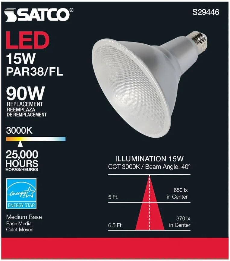 Satco S29446 15 Watt PAR38 LED 3000K Warm White 6 LED Bulbs California Compliant