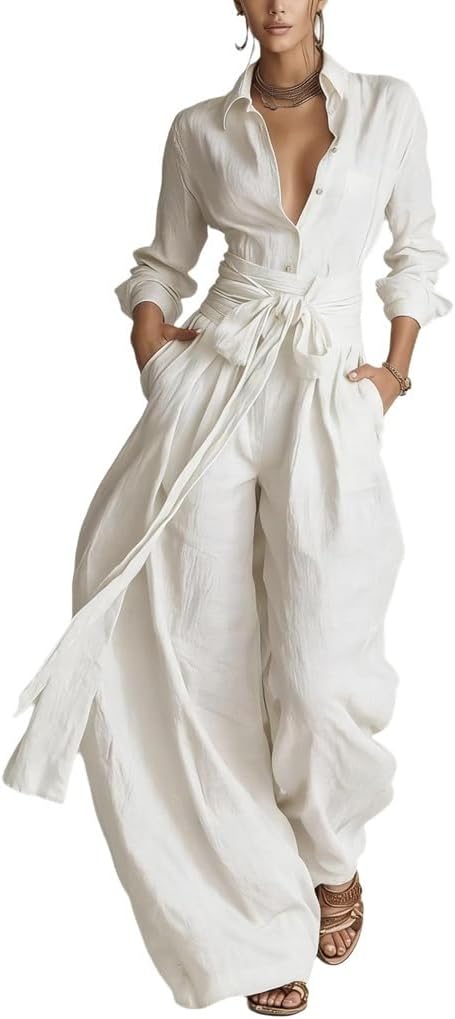 Wuitrie Women's 2 Piece Pants Set Button Down Shirt High Waist Wide Leg Pants with Belt Spring Casual Office Outfits