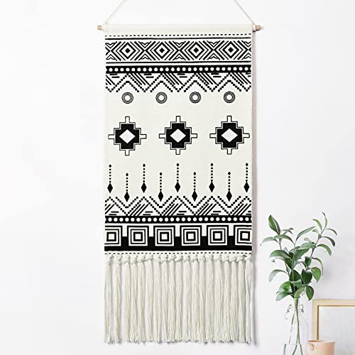 KHOYIME Makramee-Wandbehang, schwarz-weiß, geometrische Heimdekoration Cover