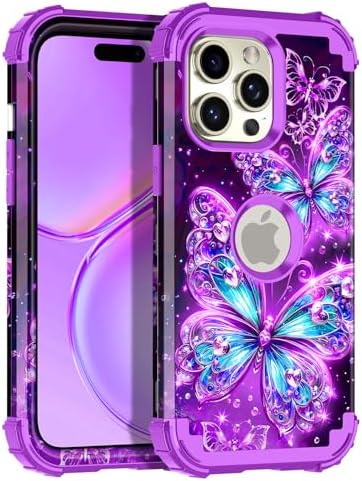 Casetego for iPhone 15 Pro Max Case,Glow in The Dark Three Layer Heavy Duty Sturdy Shockproof Full Protection Rugged Hard PC+Soft TPU Bumper Case for Apple iPhone 15 Pro Max 6.7 inch,All Purple