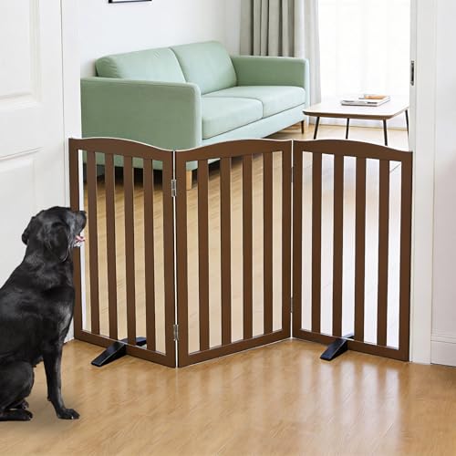 SFJC Freestanding Dog Gate Indoor,Doggie Gate Foldable Pet Gates for Doorways,Stairs or Hallways, Wooden Brown Pet Gate for the House, Pet Fence with Support Feet Included,32 "Height-3 Panels