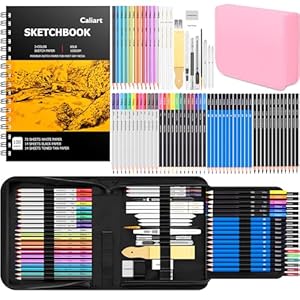 Caliart Kit de bocetos de 176 piezas de suministros de arte con 100 hojas de cuaderno de bocetos de 3 colores, acuarela de carbón de color grafito y lápices metálicos, suministros de dibujo, regalos