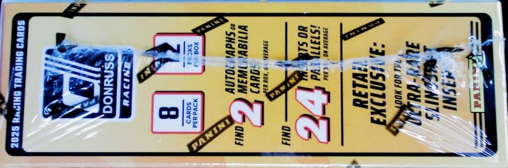 Panini 2025 Donruss Racing NASCAR Factory Sealed Mega Box. 12 packs of 8 cards. 2 autograph or memorabilia card on average. Look for Optic Parallels. 24 Inserts or Parallels. See scans for more details on great possibilities.