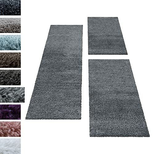 Carpettex Bettumrandung Schlafzimmer 3teilig Shaggy Teppich Hochflor Läuferset Design Hellgrau Bettset:2 mal 60x110 + 1 mal 80x150 - Bettvorleger Schlafzimmer Weich Langflor Bettumrandung Teppich Set