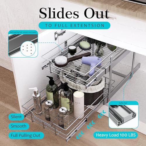 Image of 2 Tier Pull Out Cabinet Organizer 11 inch W X 22 inch D, Chromed, Full Slide Out