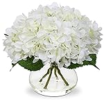 Hollyone Hydrangea Artificial Flowers with Vase White Silk Fake Flowers Arrangements in Glass Vase with Faux Water for Home Bathroom Office Table Centerpiece Shelf Decorations