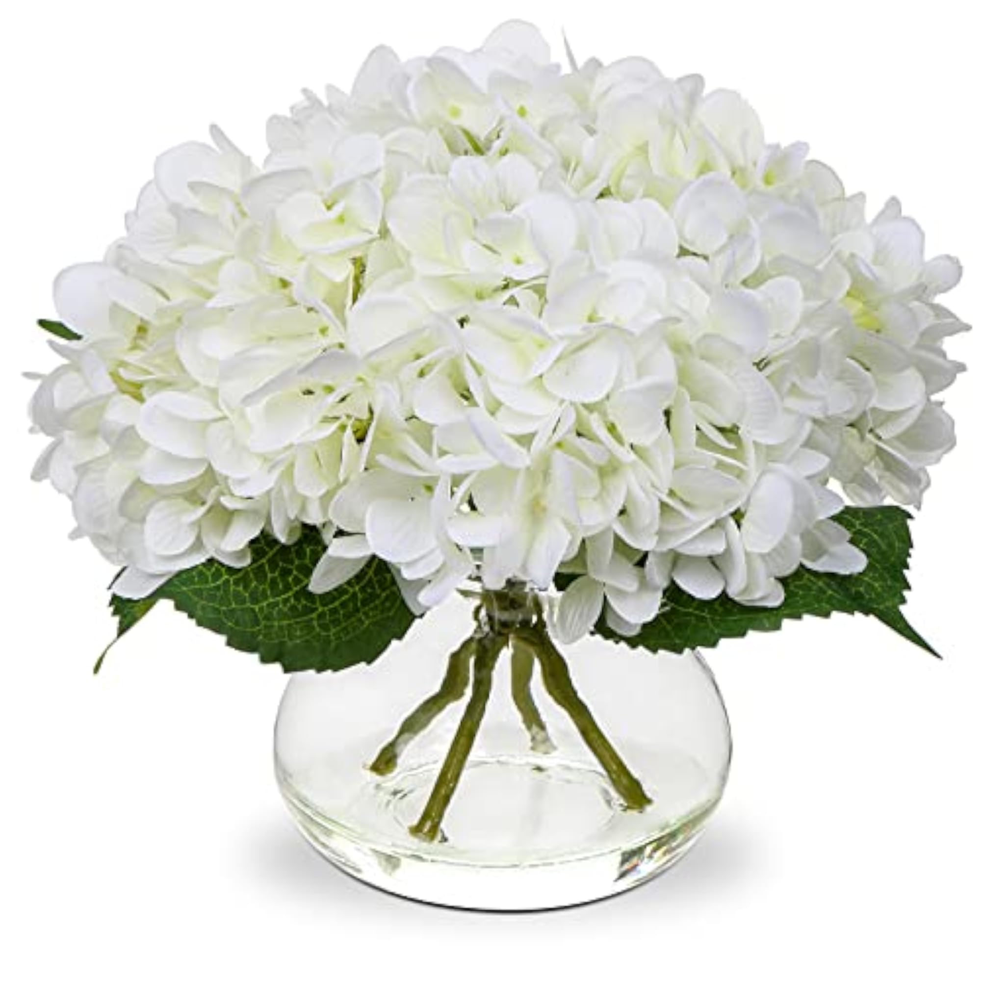 Large Artificial White Silk Hydrangea Flowers Arrangement with Glass Vase