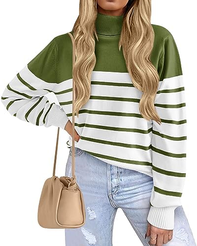 KIRUNDO Women's 2023 Fall Winter Turtleneck Knitted Sweater Long Sleeve Striped Color Block Loose Ribbed Pullover Tops(Large, Stripe-Green)