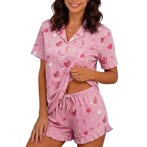 Marvmys Women Short Sleeve Pajamas Set Button Down 2 Piece Pjs Shorts Set Ruffle Lounge Set Sleepwears S-XXL Pink Goblet Medium
