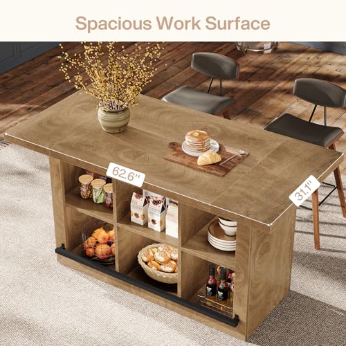 Tribesigns Kitchen Island with Storage, 62.6\" Farmhouse Table with 6-Cubby Open Shelves & Metal Foot Rail, Butcher Block Style Counter Height Stationary Unit - Thumbnail 4
