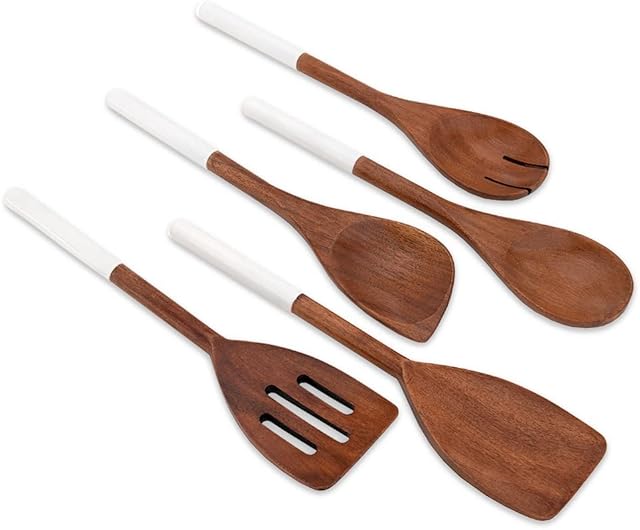Chef Pomodoro Cooking Wooden Utensils, Spoons, Spatula for Kitchen, 5-Piece Set, 12" Long, Non Stick Cookware Tools or Utensils Includes Wooden Spoon, Spatula, Fork, Slotted Turner (White)
