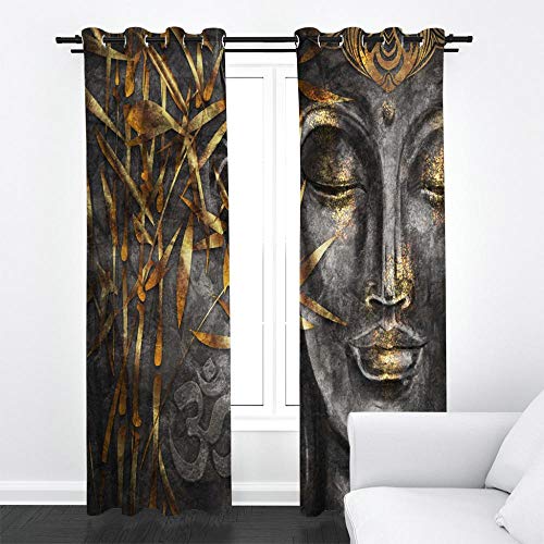 Rideau Occultant Isolant Thermique Statue de Bouddha feuilles de bambou Rideaux à Oeillets 3D Rideaux Occultants pour Chambre Salon Enfant Home Decorative Rideau de Fenêtre, 2 Panneaux, 220x215cm