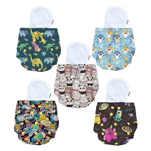 Image of Bumtum Baby Diaper | 0-3 Yrs Baby Freesize | Pack of 5, New Born Baby Diaper, Cloth Diaper, Waterproof Reusable Diaper, Washable, Cotton (Teddy Face, Space Old, Dinosaur, Space & Baby Shark)