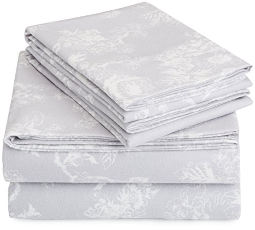 Amazon Basics Printed Lightweight Flannel Sheet Set - Queen, Floral Grey