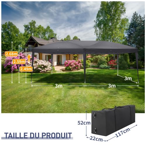 Bonnlo Tonnelle de Jardin Pliante 3x6 imperméable/Tente de Réception Pop-up Inclus Sac de Transport/Barnum Pliant 3x6 Jardin Exterieur Rapide à Installer/Gazebo pour BBQ et Événements (Gris foncé)