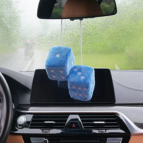 Pair 3” Fuzzy Plush Dice Heart Shape Decor For Car Rearview Mirror, Retro Square Decoration Dice For Car Hanging Accessories (Blue) #TOP1