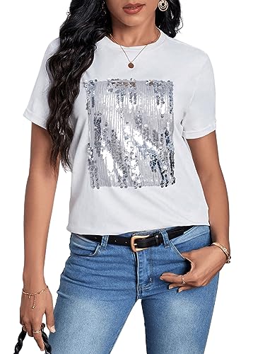 SweatyRocks Women's Casual Contrast Sequins Summer T Shirts Short Sleeve Solid Plain Tee Tops White and Silver M