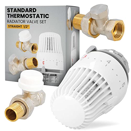 Thermostatsatz Thermostat-Set Geradeausführung 1/2 Zoll Thermostatkopf Thermostatventil Rücklaufverschraubung Heizkörperventil Heizkörperzubehör Heizung