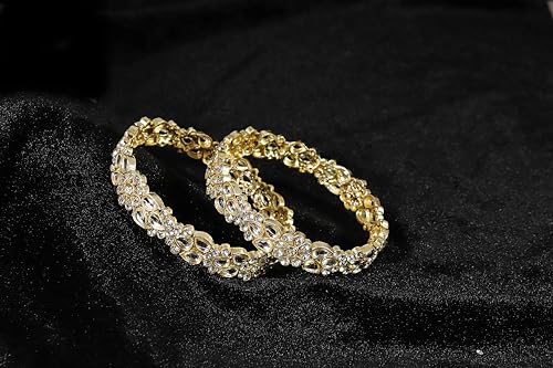Image of NMII Gold Plated Metal Kundan Stone & American Diamond Bangles For Women & Girls | Traditional Kada For Women | Fancy Rajwada Bangles | Bangles For Wedding, Party, Occasion- Set of 2