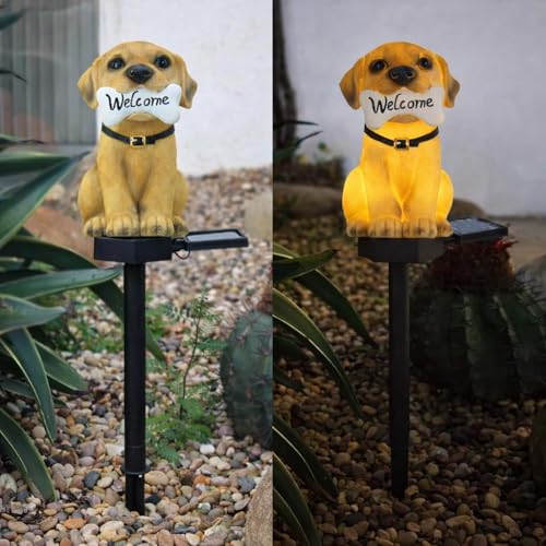 Image of JASIFS Welcome Dog Garden Solar Lights Outdoor Cute Dog LED Decorative Waterproof Garden Stake Lights, Lawn Lamp Light for Garden, Balcony, Patio, Yard Landscape Lighting