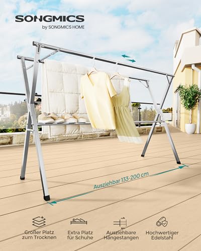 SONGMICS Wäscheständer, Standtrockner, 133-200 cm ausziehbar, zusammenklappbar, freistehend, für Innen- und Außenbereich, Taubengrau LLR902E01