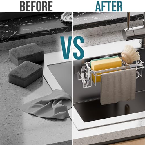 Image of TAILI 4-in-1 Sponge Holder for Kitchen Sink with Strong Suction Cup-Silver | Removable Rustproof 304 Stainless Steel Multi-compartment Sponge Holder with Suction Cup, Keeps Brushes & Scrubbers Tidy