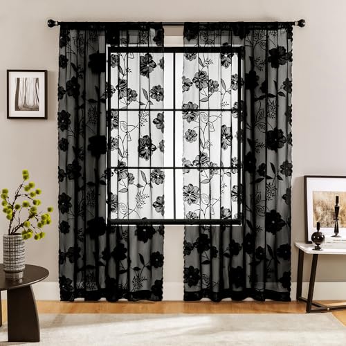 Image of Treatmentex Black Lace Curtains 63inch Rose Floral and Leaf Sheer Decorative Window Curtains for Living-Room Bedroom Vintage Leaf Knitted Lace Sheer Curtain Panels 54 inch w 2pcs Rod Pocket