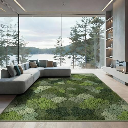 ODIKA 9'x12' Washable Bohemian Plant Oversized Rug, Moss Green Non-Shedding Pet Friendly Carpet Foldable Easy Care Mat for Master Suite, California King, Under Bed | Ref:2025487