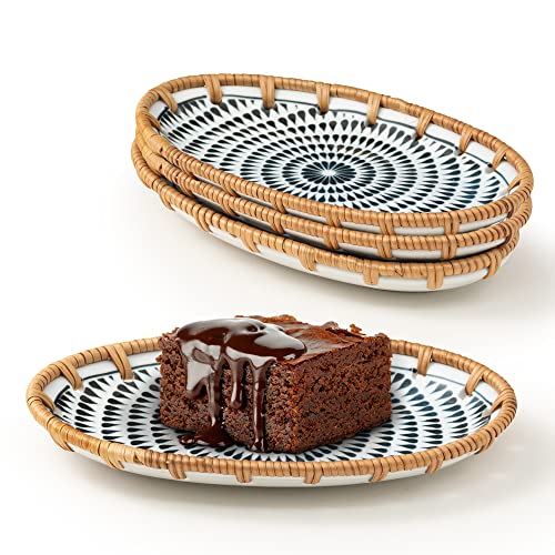 Gaiamade Set Of 4 8" Oval Ceramic Rattan Woven Plates, Rattan Decorative Ceramic Dish Set, Easy To Clean And Lightweight Serving Ceramic Plates For Sushi, Snack, Dessert, Hand-Woven Rattan Plate #TOP29