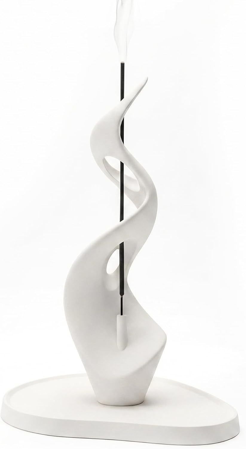 Modern White Incense Holder, Minimalist Abstract Incense Stick Burner with Ash Catcher Tray, Aesthetic Scandinavian Decor for Home, Yoga and Meditation