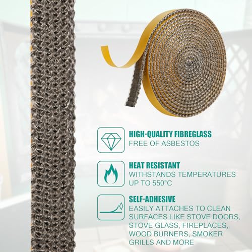 Dichtungsband für Ofentüren 15mm x 4m x 2mm Selbstklebend Fiberglas Dichtung Seil Ersatz Kaminofen Türdichtung Kamindichtung für Kamine Holzöfen (Grau)